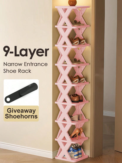 9/6 Tier Narrow Shoe Rack Pink, Vertical Shoe Stand, New Upgraded Small Shoe Shelf, Space Saving DIY Free Standing Shoes Storage Organizer, Easy To Install & Stable, Closet Oragnization And Storage, H