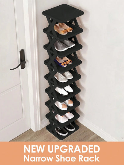 9/6 Tier Vertical Shoe Stand Space Saving Narrow Shoe Rack, Small Shoe Shelf, Standing Shoes Storage Organizer Entryway, Closet, Hallway, Easy Assembly And Stable In Structure, Black & White, Plastic
