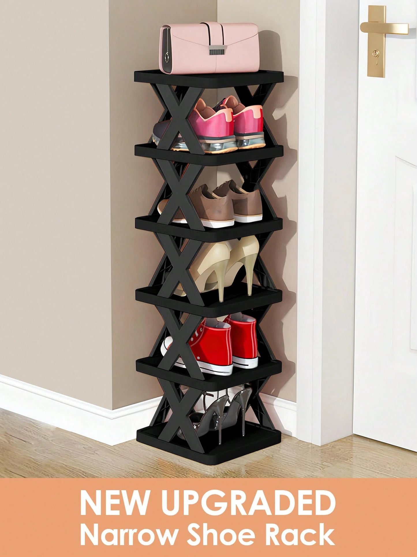 9/6 Tier Vertical Shoe Stand Space Saving Narrow Shoe Rack, Small Shoe Shelf, Standing Shoes Storage Organizer Entryway, Closet, Hallway, Easy Assembly And Stable In Structure, Black & White, Plastic