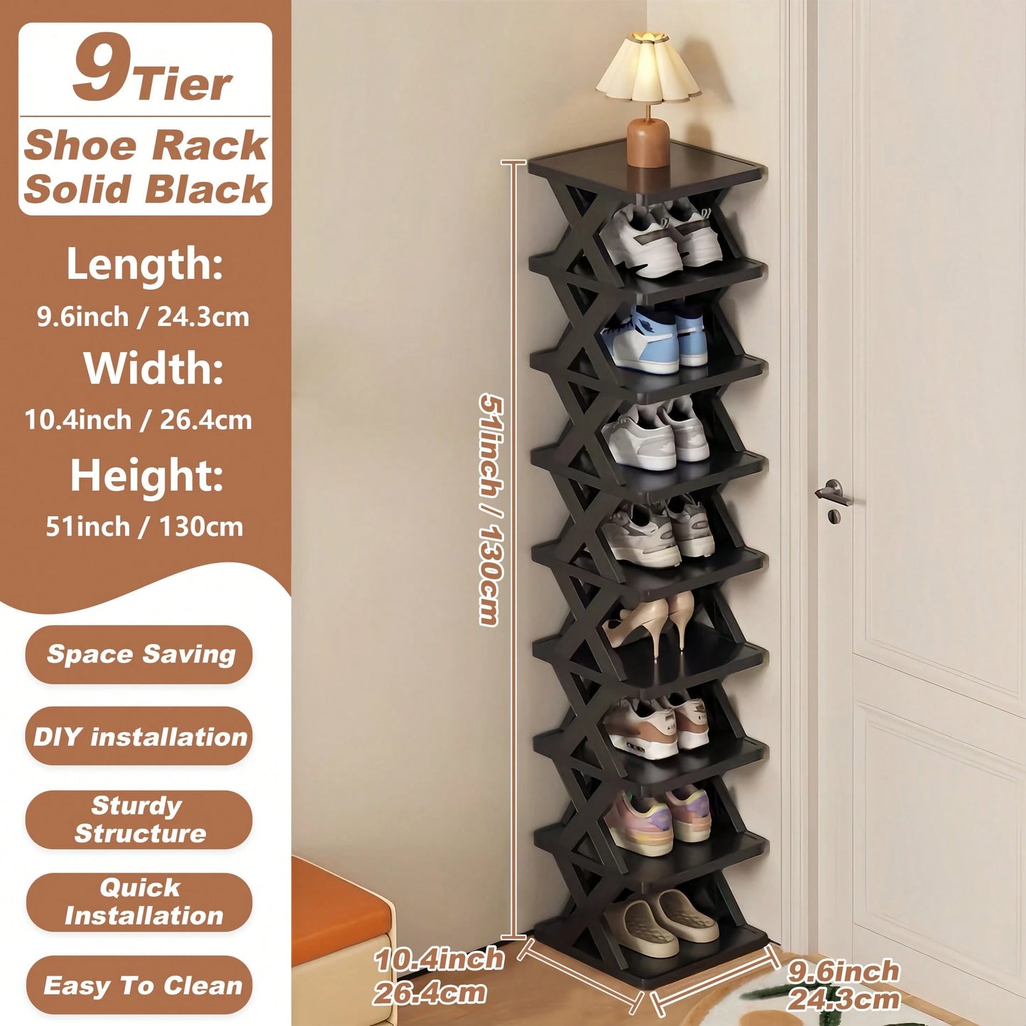 9/6 Tier Vertical Shoe Stand Space Saving Narrow Shoe Rack, Small Shoe Shelf, Standing Shoes Storage Organizer Entryway, Closet, Hallway, Easy Assembly And Stable In Structure, Black & White, Plastic