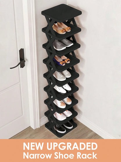 9/6 Tier Vertical Shoe Stand Space Saving Narrow Shoe Rack, Small Shoe Shelf, Standing Shoes Storage Organizer Entryway, Closet, Hallway, Easy Assembly And Stable In Structure, Black & White, Plastic