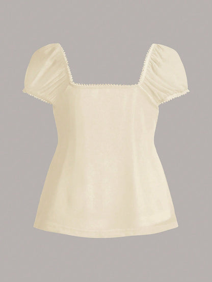 95% Cotton Women's White Lace Summer Square Neck Puff Sleeve Tie Front Tee,Modest Vacation Y2K Retro Vintage Style Sweet Date Casual Home Wear