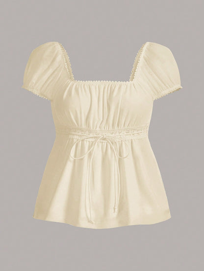 95% Cotton Women's White Lace Summer Square Neck Puff Sleeve Tie Front Tee,Modest Vacation Y2K Retro Vintage Style Sweet Date Casual Home Wear