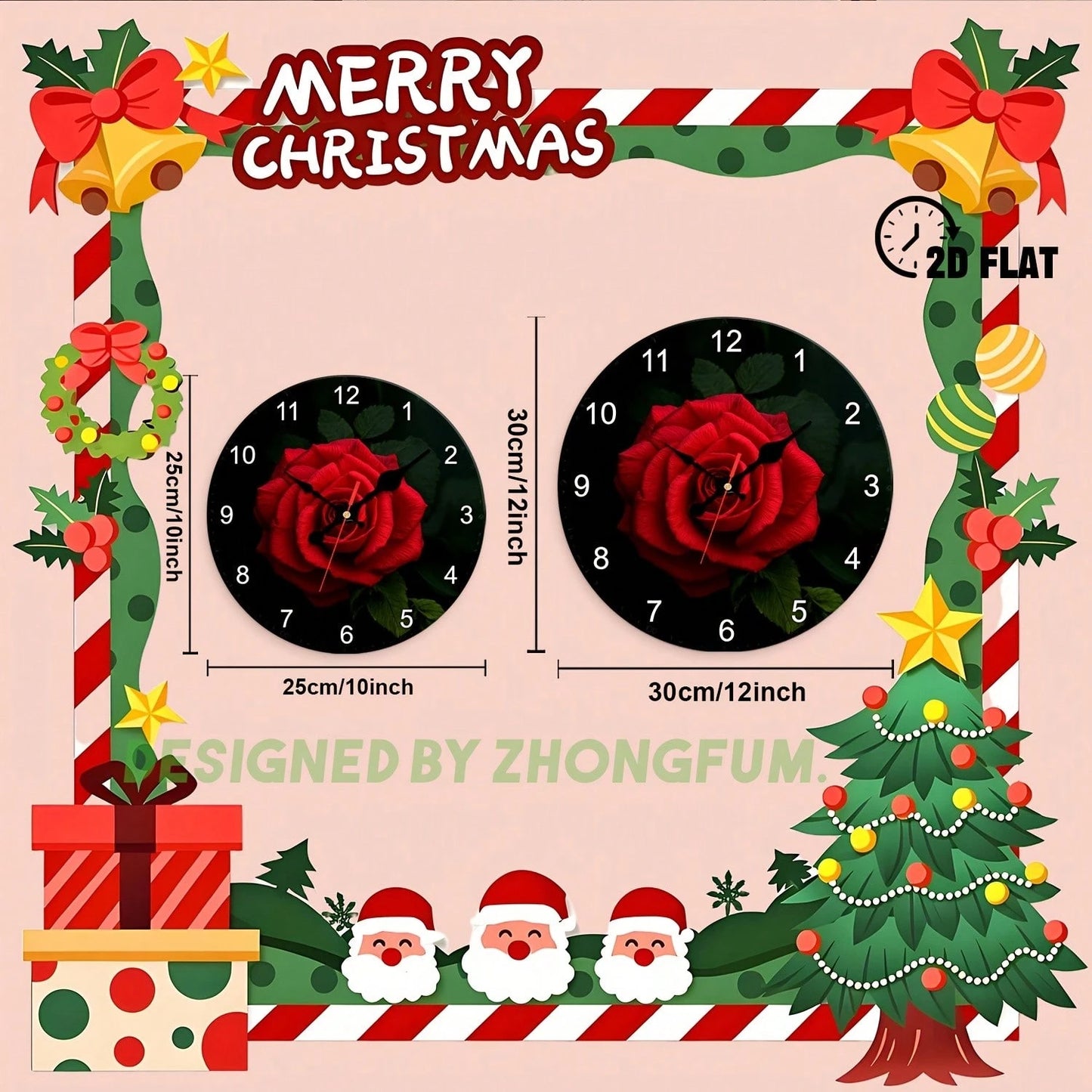 A Decorative Wall Clock Featuring A Red Rose And Leaf Theme. This 2D Flat Design Clock Operates Silently And Without Any Trace