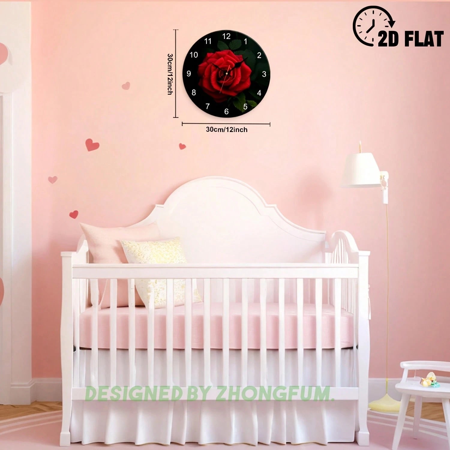 A Decorative Wall Clock Featuring A Red Rose And Leaf Theme. This 2D Flat Design Clock Operates Silently And Without Any Trace
