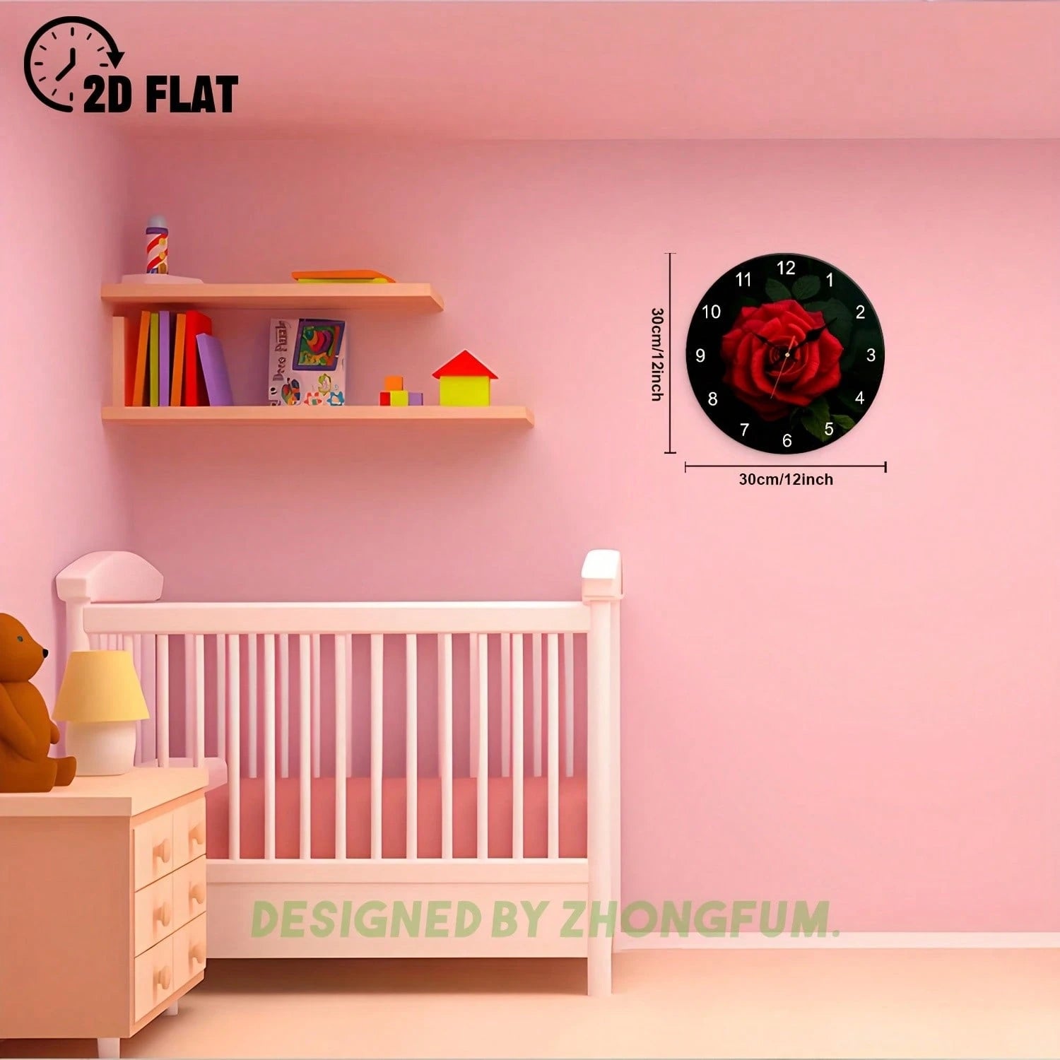 A Decorative Wall Clock Featuring A Red Rose And Leaf Theme. This 2D Flat Design Clock Operates Silently And Without Any Trace