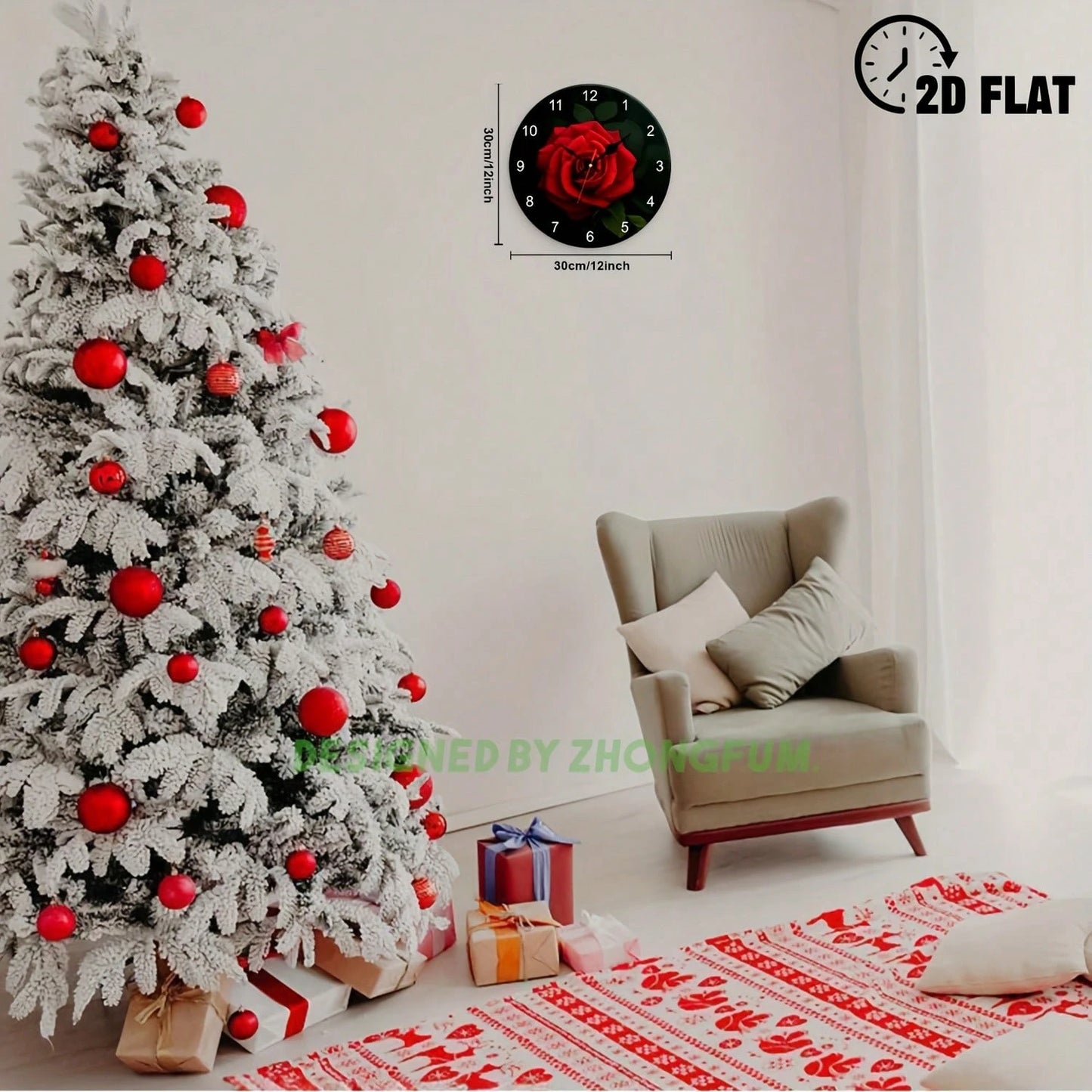 A Decorative Wall Clock Featuring A Red Rose And Leaf Theme. This 2D Flat Design Clock Operates Silently And Without Any Trace