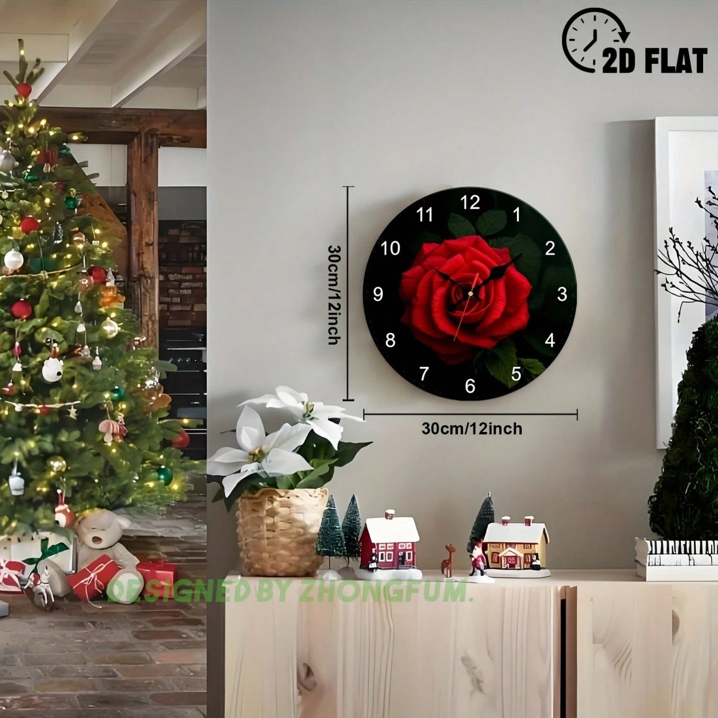A Decorative Wall Clock Featuring A Red Rose And Leaf Theme. This 2D Flat Design Clock Operates Silently And Without Any Trace