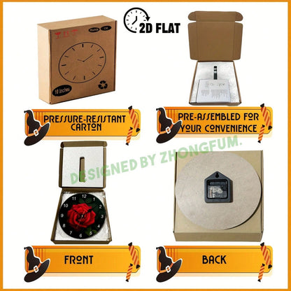 A Decorative Wall Clock Featuring A Red Rose And Leaf Theme. This 2D Flat Design Clock Operates Silently And Without Any Trace