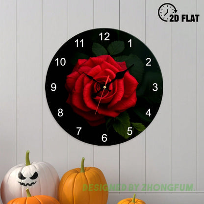 A Decorative Wall Clock Featuring A Red Rose And Leaf Theme. This 2D Flat Design Clock Operates Silently And Without Any Trace