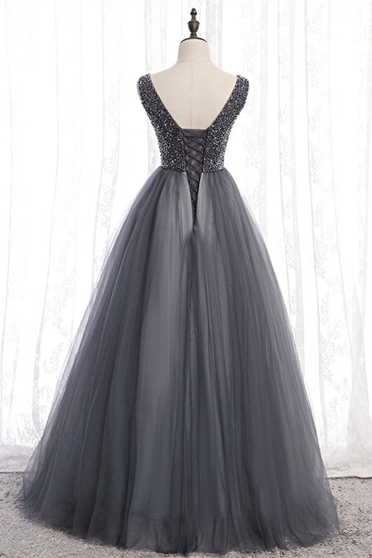 A-line Beaded Grey Tulle Long Party Dress