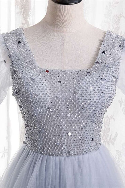 A-line Beaded Red Long Party Dress with Short Sleeves