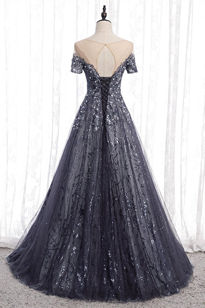 A-line Grey Appliques Long Formal Gown