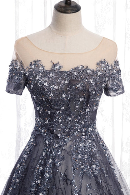 A-line Grey Appliques Long Formal Gown