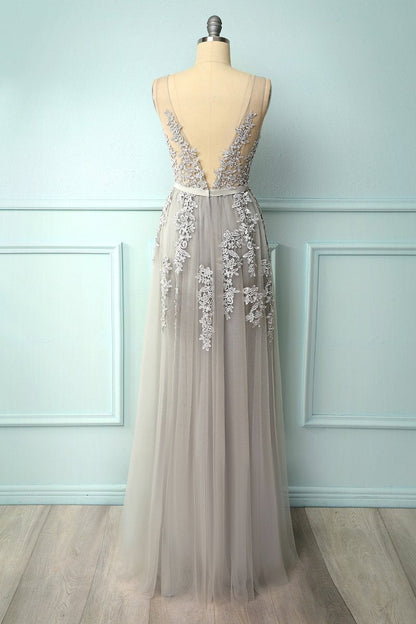 A-line Grey Tulle and Lace Long Formal Dress