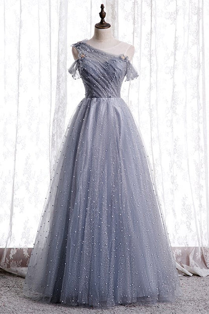 A-line Grey Tulle Long Prom Dress with Pearls