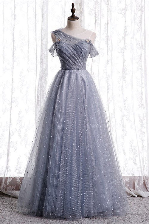 A-line Grey Tulle Long Prom Dress with Pearls