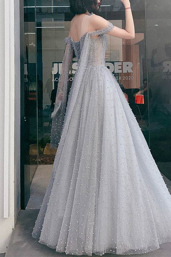 A-line Grey Tulle Long Prom Dress with Pearls
