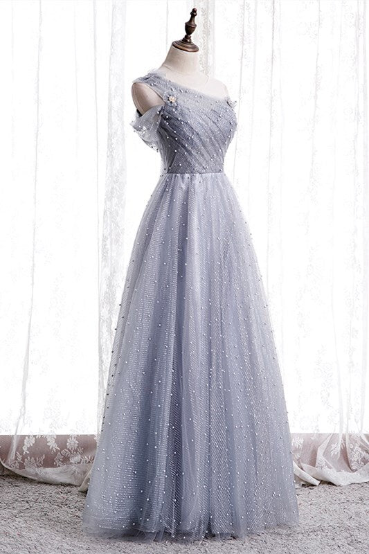 A-line Grey Tulle Long Prom Dress with Pearls