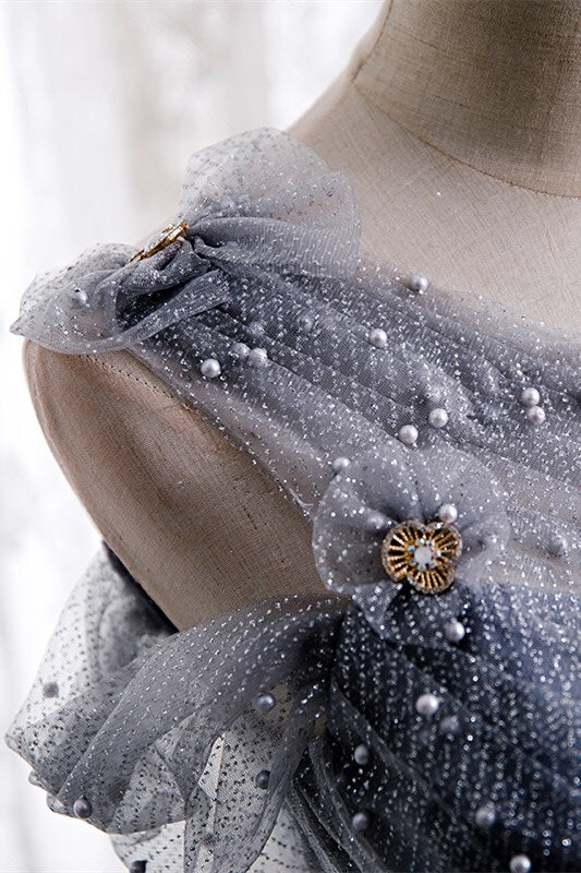 A-line Grey Tulle Long Prom Dress with Pearls
