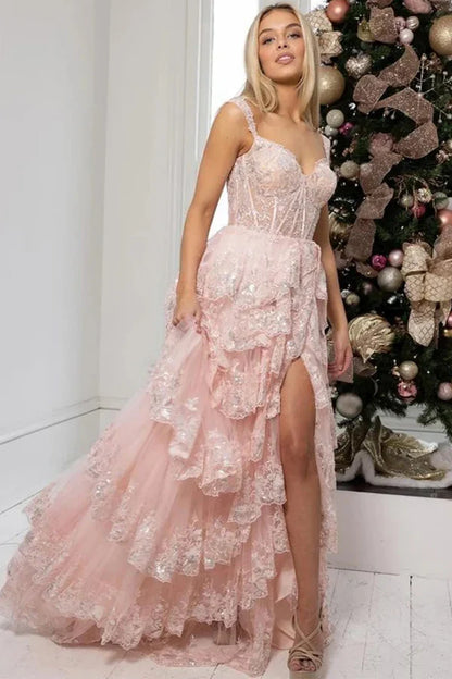 A Line Lace Tiered Stunning Prom Dress Evening Dress With Split,AST1230
