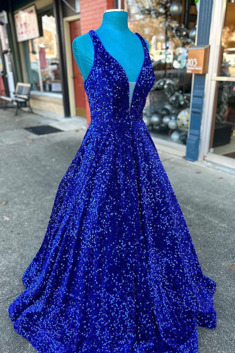 A-line Royal Blue Sequin V Neck Long Prom Dress