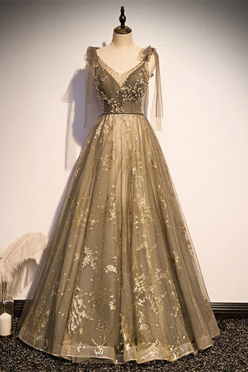 A-line Tulle Long Prom Dress with Tie Shoulders