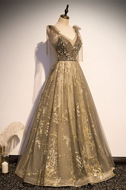 A-line Tulle Long Prom Dress with Tie Shoulders