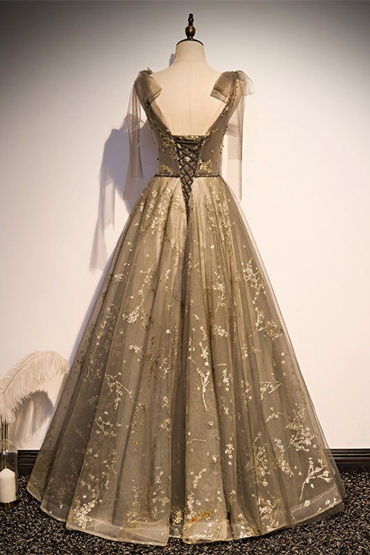 A-line Tulle Long Prom Dress with Tie Shoulders