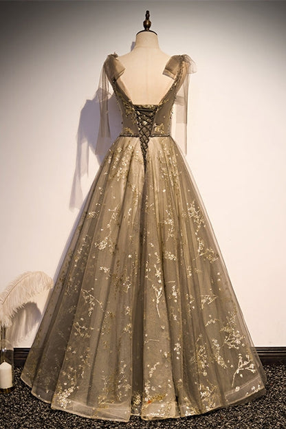 A-line Tulle Long Prom Dress with Tie Shoulders