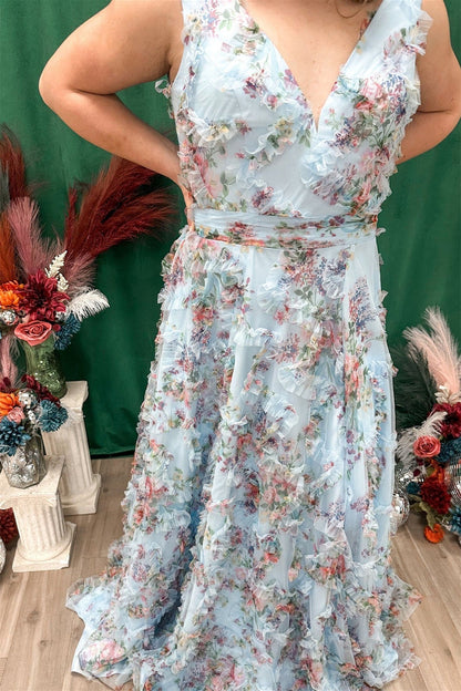 A-line V-neck Florals Ruffle Long Prom Dress