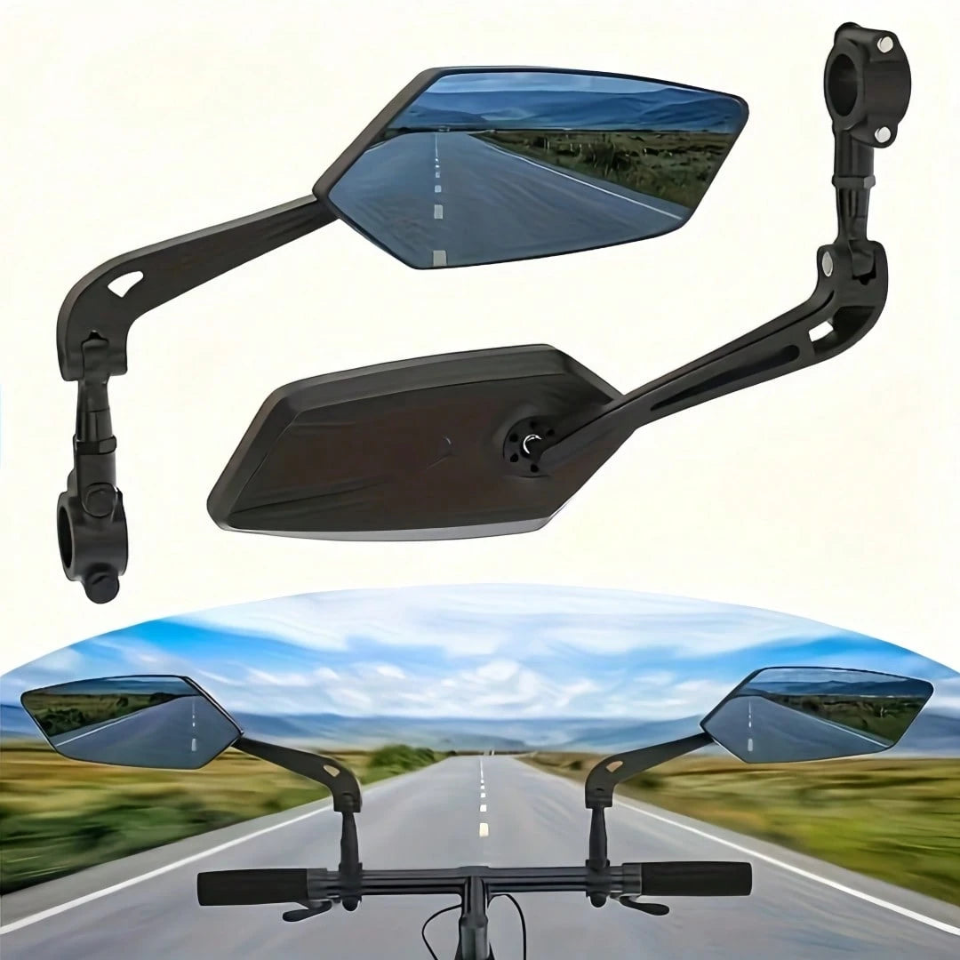 A Pair Of 2 High-Definition Bicycle Rearview Mirrors With 360° Adjustable Rotation- Made Of Durable ABS Material, Suitable For Scooters And Bicycle Reflectors, Featuring Black Rectangular Handle Refl
