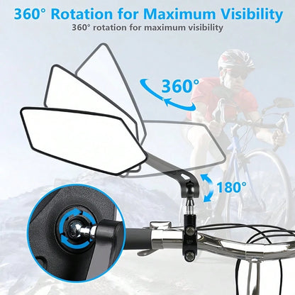 A Pair Of 2 High-Definition Bicycle Rearview Mirrors With 360° Adjustable Rotation- Made Of Durable ABS Material, Suitable For Scooters And Bicycle Reflectors, Featuring Black Rectangular Handle Refl