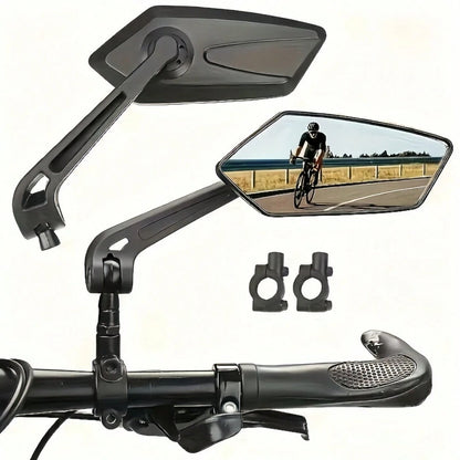 A Pair Of 2 High-Definition Bicycle Rearview Mirrors With 360° Adjustable Rotation- Made Of Durable ABS Material, Suitable For Scooters And Bicycle Reflectors, Featuring Black Rectangular Handle Refl
