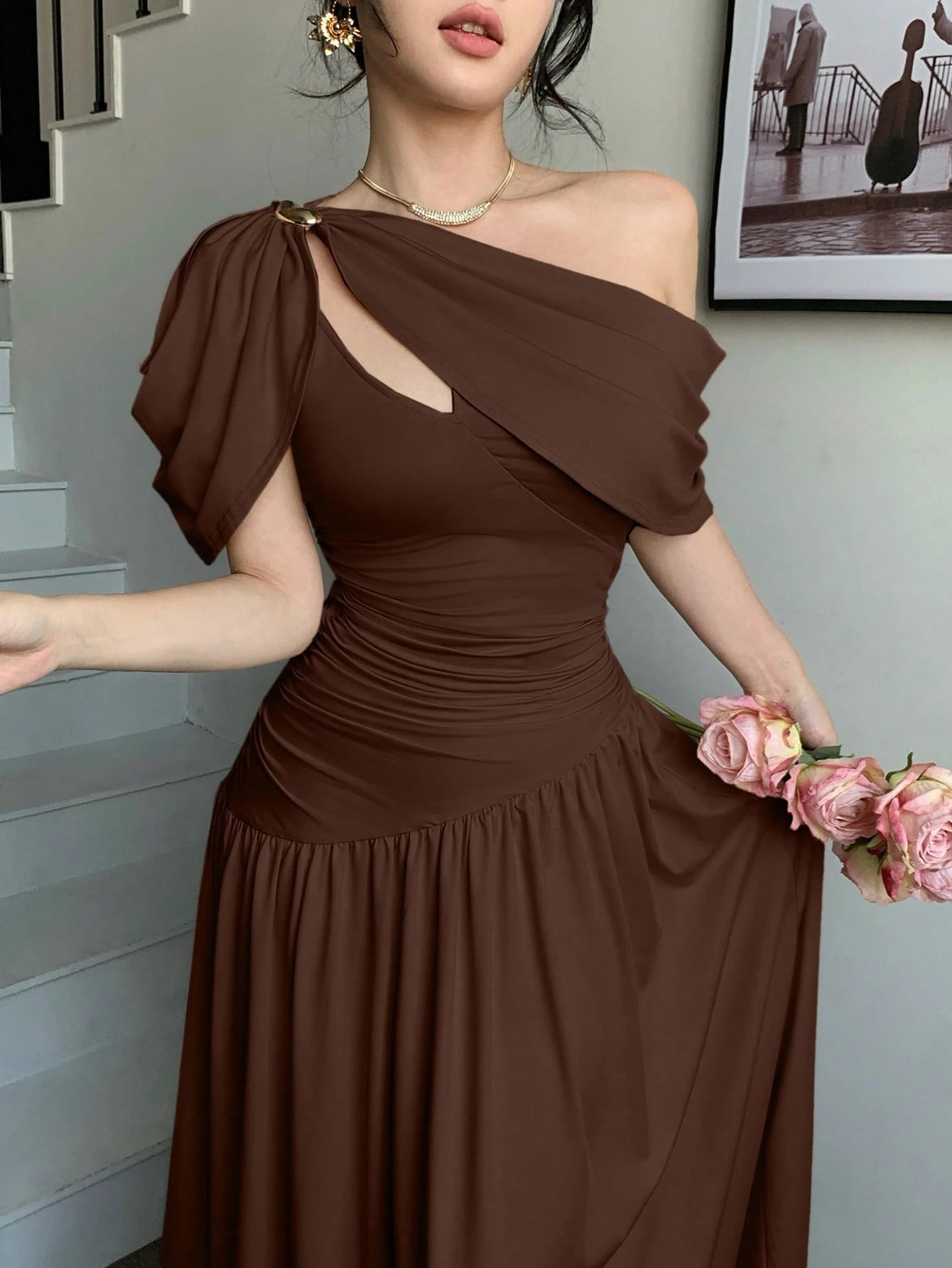 abyoxi Women's Brown Pleated Waist Fitted Flare Dress, Elegant & Fashionable, Suitable For Party, Date, Holiday, Wedding, Formal Occasion, Banquet, Teacher's Day, Mother's Day, Graduation Ceremony, St