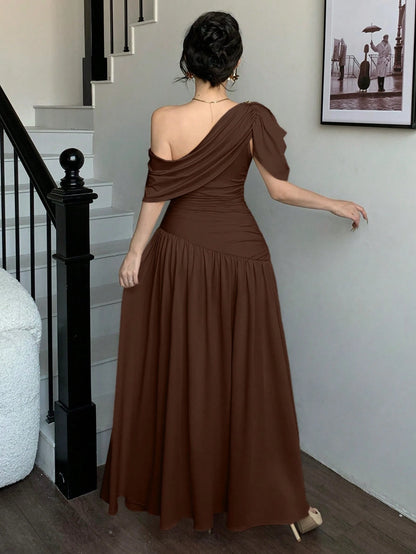 abyoxi Women's Brown Pleated Waist Fitted Flare Dress, Elegant & Fashionable, Suitable For Party, Date, Holiday, Wedding, Formal Occasion, Banquet, Teacher's Day, Mother's Day, Graduation Ceremony, St
