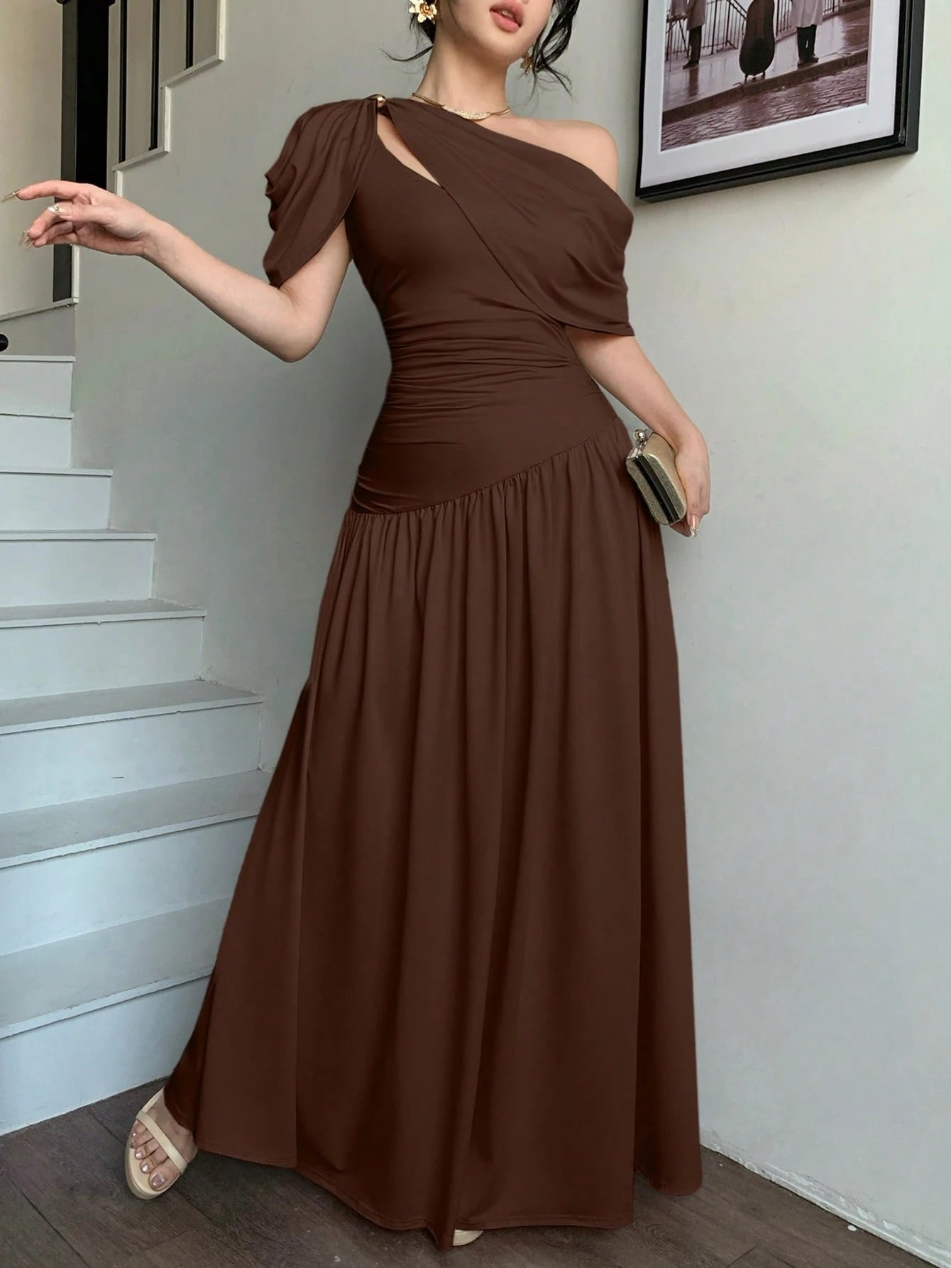 abyoxi Women's Brown Pleated Waist Fitted Flare Dress, Elegant & Fashionable, Suitable For Party, Date, Holiday, Wedding, Formal Occasion, Banquet, Teacher's Day, Mother's Day, Graduation Ceremony, St