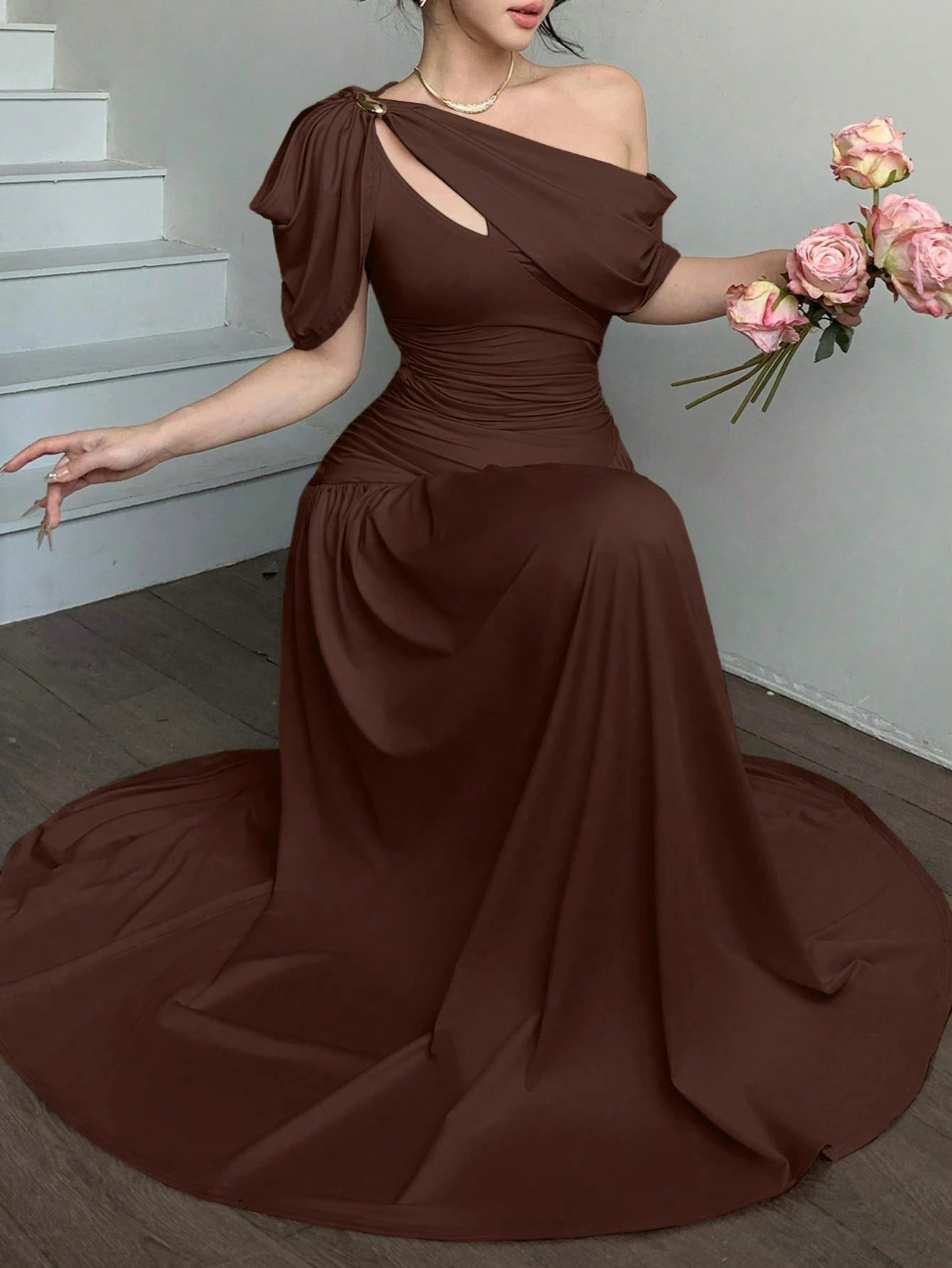 abyoxi Women's Brown Pleated Waist Fitted Flare Dress, Elegant & Fashionable, Suitable For Party, Date, Holiday, Wedding, Formal Occasion, Banquet, Teacher's Day, Mother's Day, Graduation Ceremony, St