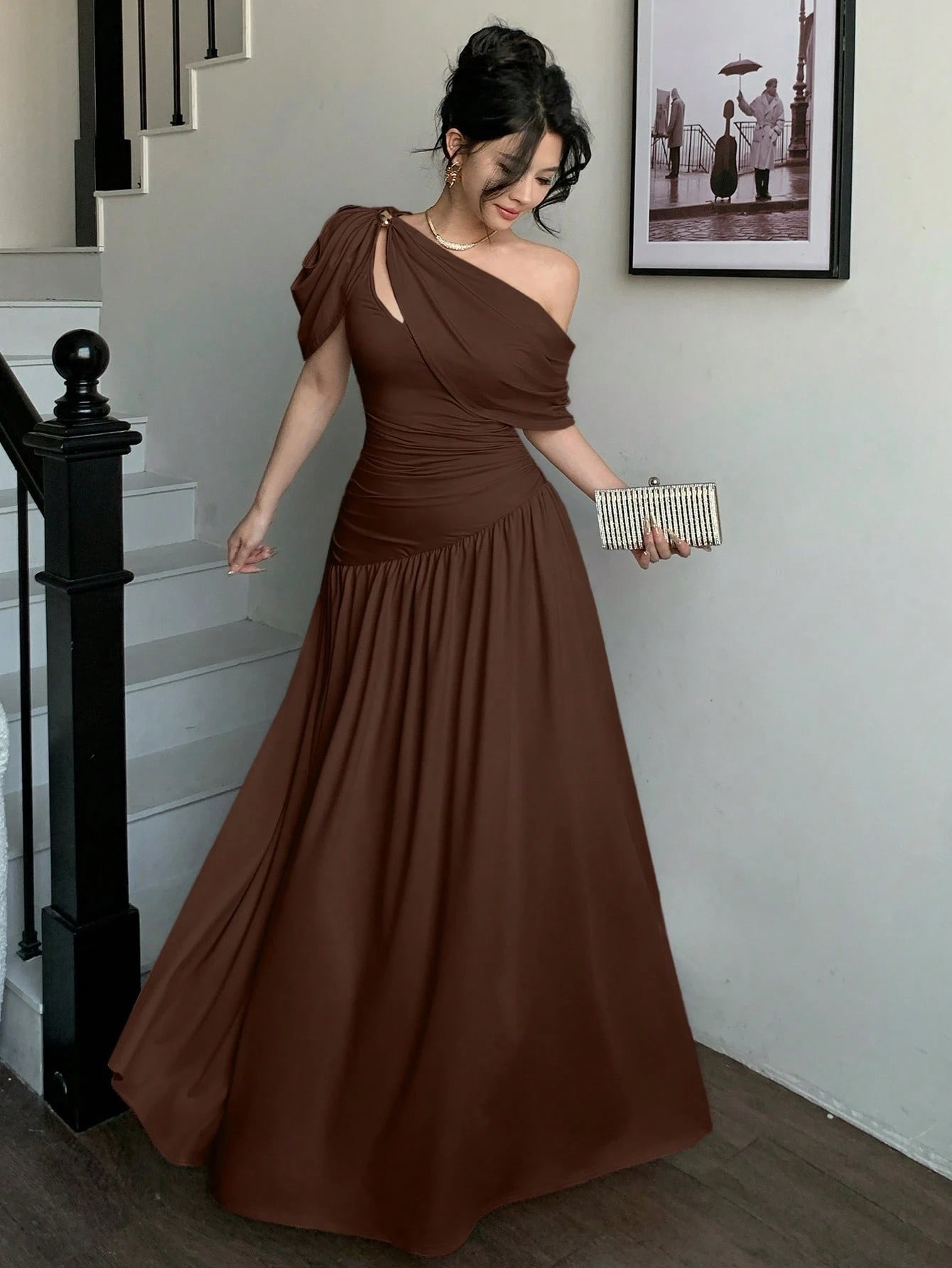 abyoxi Women's Brown Pleated Waist Fitted Flare Dress, Elegant & Fashionable, Suitable For Party, Date, Holiday, Wedding, Formal Occasion, Banquet, Teacher's Day, Mother's Day, Graduation Ceremony, St