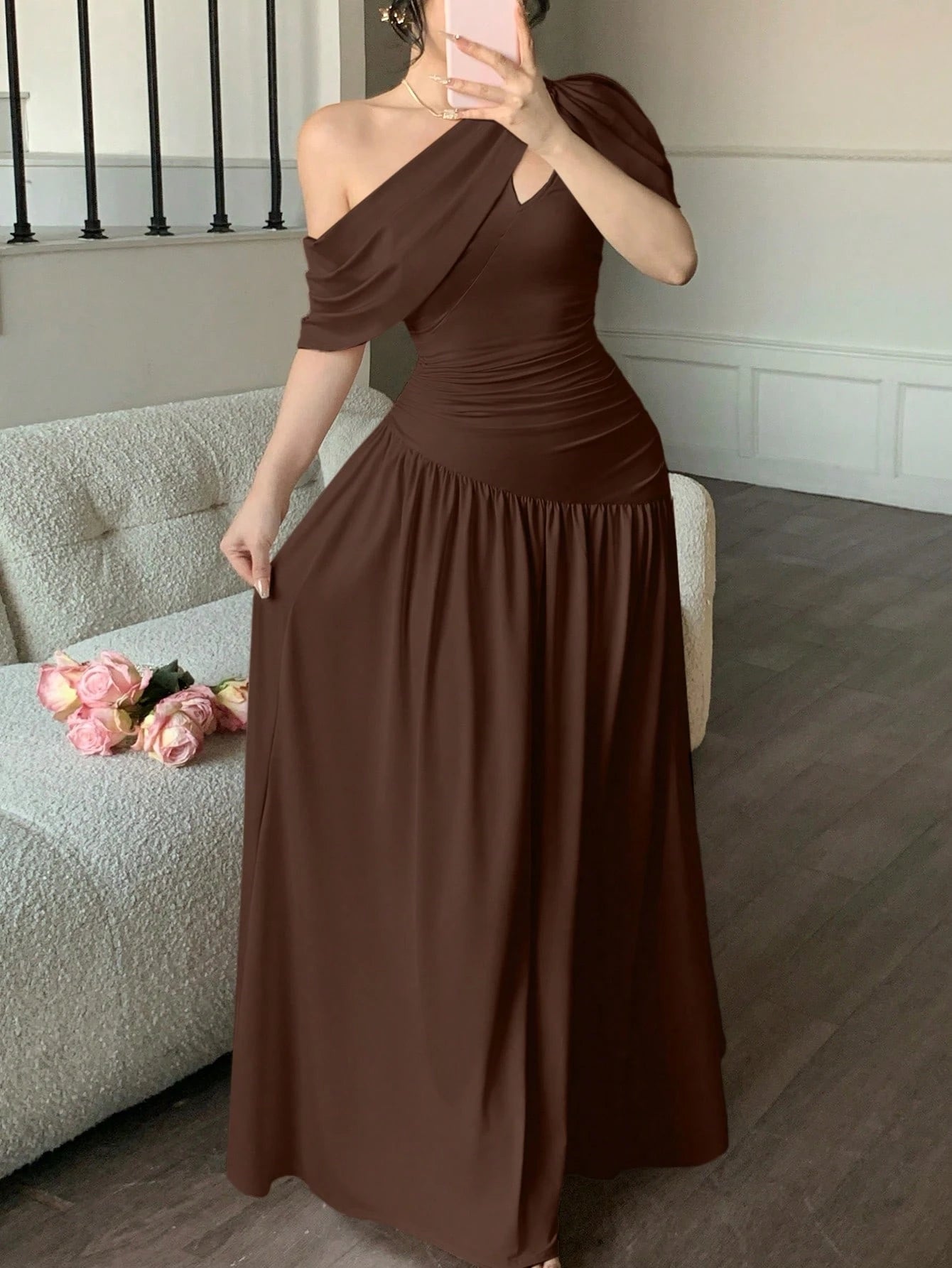 abyoxi Women's Brown Pleated Waist Fitted Flare Dress, Elegant & Fashionable, Suitable For Party, Date, Holiday, Wedding, Formal Occasion, Banquet, Teacher's Day, Mother's Day, Graduation Ceremony, St