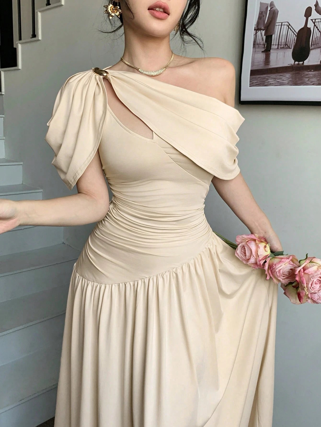 abyoxi Women's Brown Pleated Waist Fitted Flare Dress, Elegant & Fashionable, Suitable For Party, Date, Holiday, Wedding, Formal Occasion, Banquet, Teacher's Day, Mother's Day, Graduation Ceremony, St