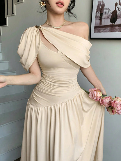 abyoxi Women's Brown Pleated Waist Fitted Flare Dress, Elegant & Fashionable, Suitable For Party, Date, Holiday, Wedding, Formal Occasion, Banquet, Teacher's Day, Mother's Day, Graduation Ceremony, St
