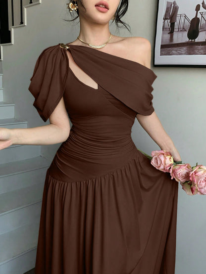 abyoxi Women's Brown Pleated Waist Fitted Flare Dress, Elegant & Fashionable, Suitable For Party, Date, Holiday, Wedding, Formal Occasion, Banquet, Teacher's Day, Mother's Day, Graduation Ceremony, St