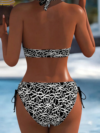 Adjustable Black & White Floral 2 Pieces Bikini High Waist Swimwear, Women Beach Holiday Swimwear Set Vacation Summer