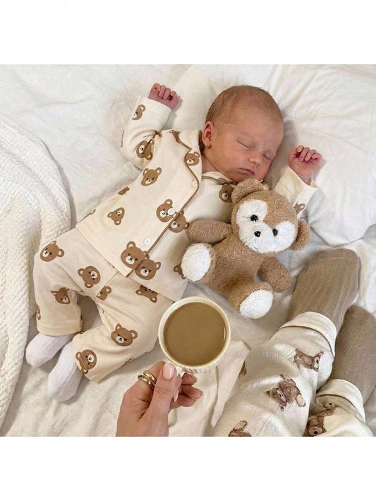 Adorably Cute Newborn Baby Boy Button Up Bear Print Long Sleeve Top And Pants Soft Sleepwear Comfortable Pajama Set Neutral