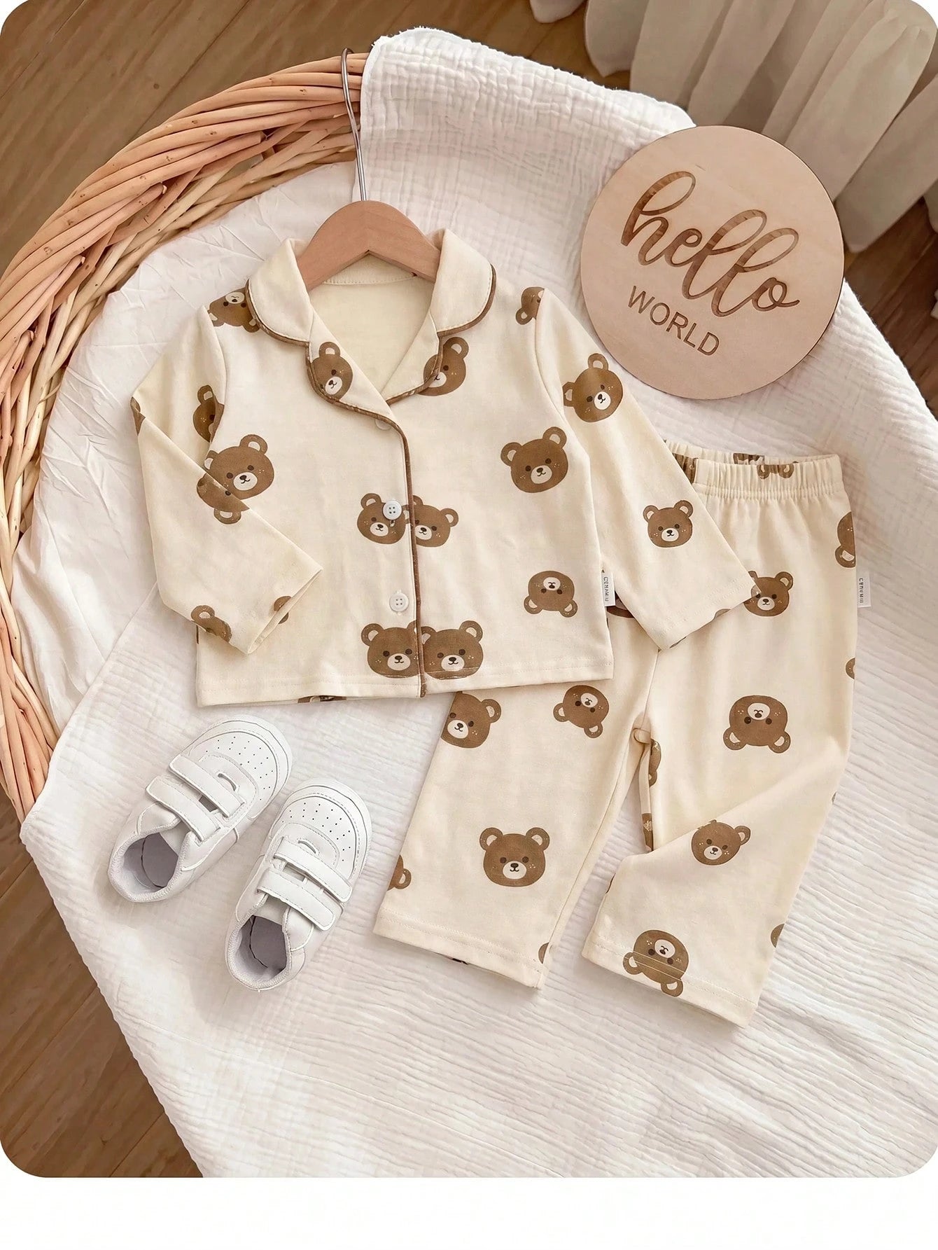 Adorably Cute Newborn Baby Boy Button Up Bear Print Long Sleeve Top And Pants Soft Sleepwear Comfortable Pajama Set Neutral