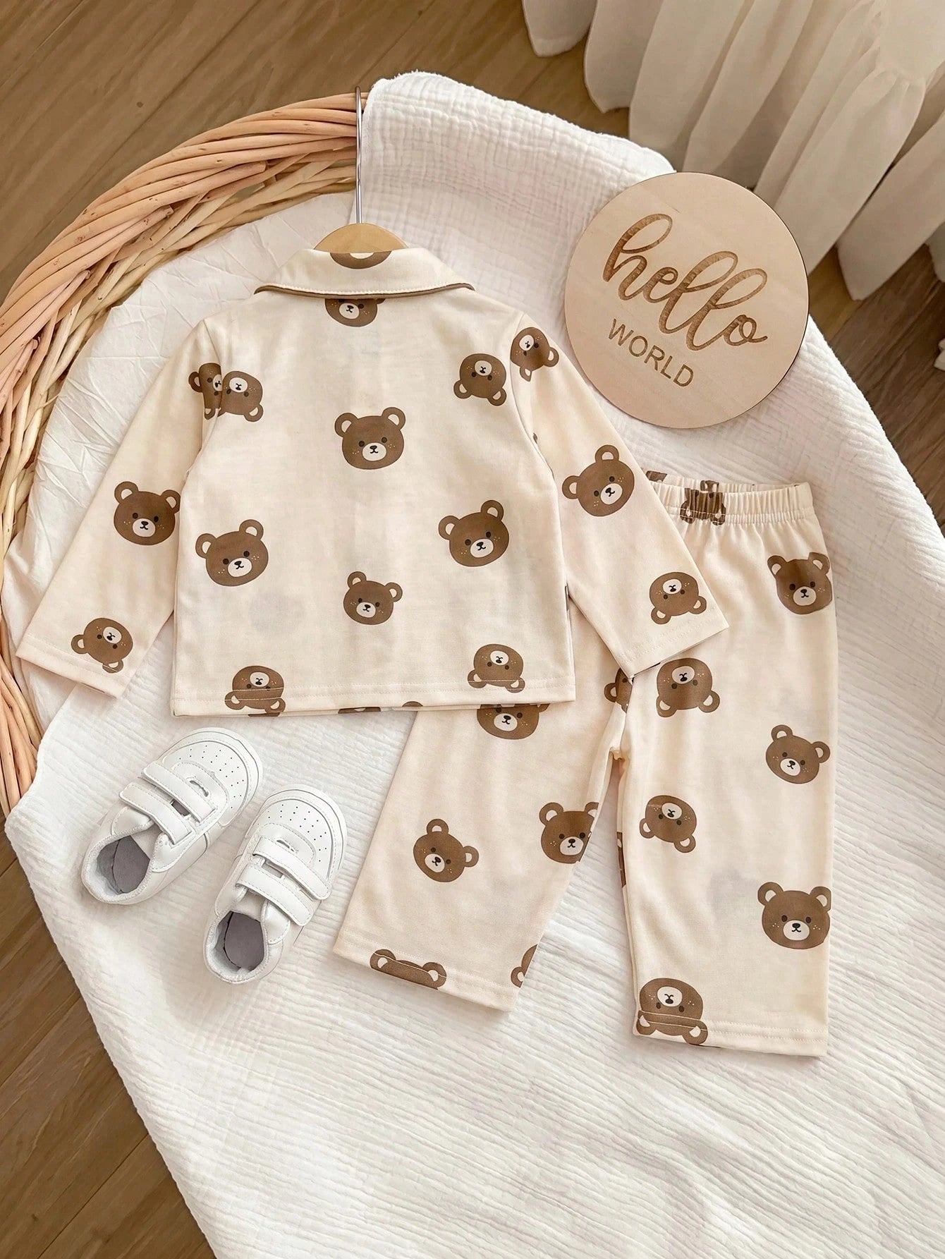 Adorably Cute Newborn Baby Boy Button Up Bear Print Long Sleeve Top And Pants Soft Sleepwear Comfortable Pajama Set Neutral