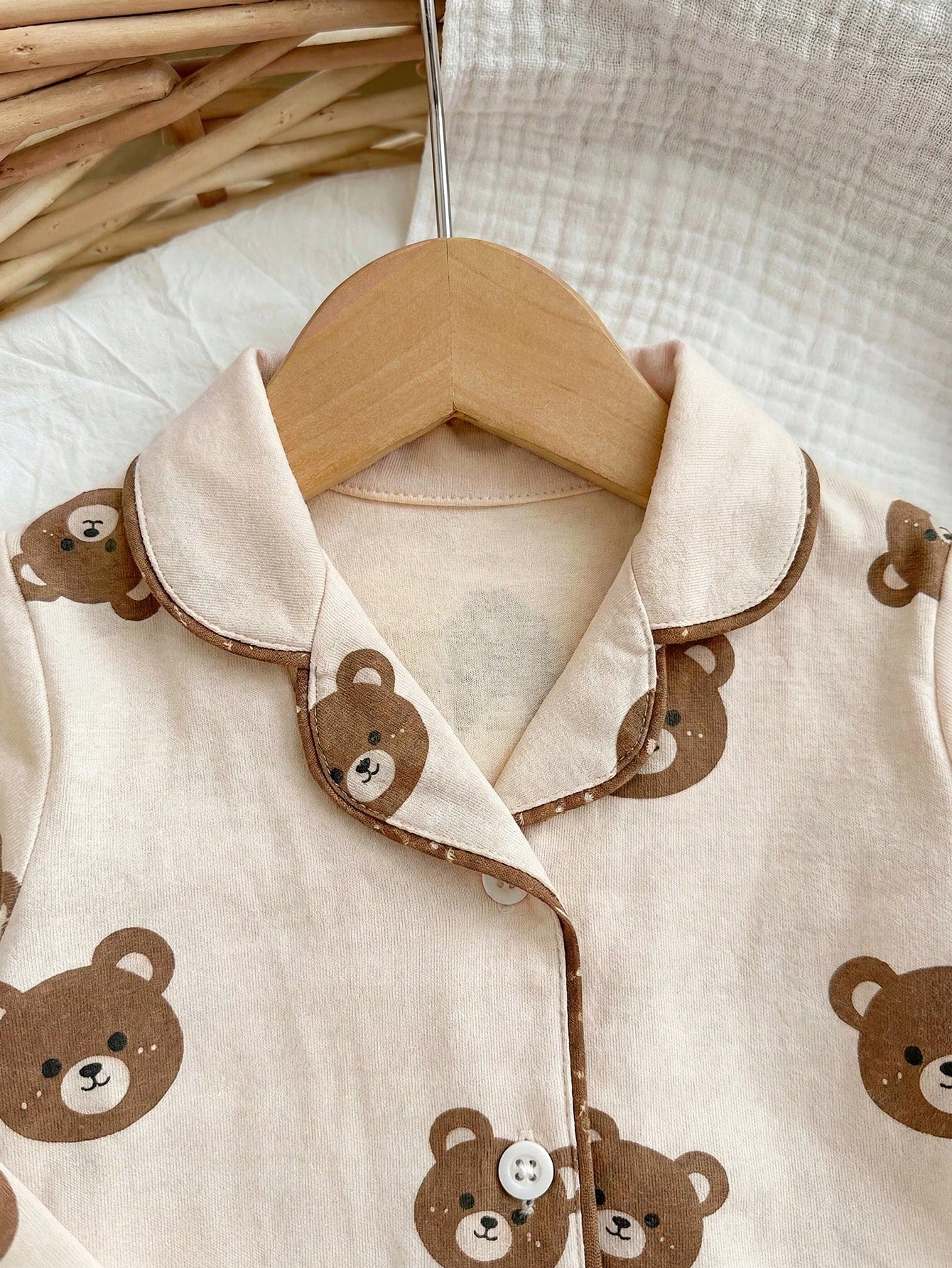Adorably Cute Newborn Baby Boy Button Up Bear Print Long Sleeve Top And Pants Soft Sleepwear Comfortable Pajama Set Neutral