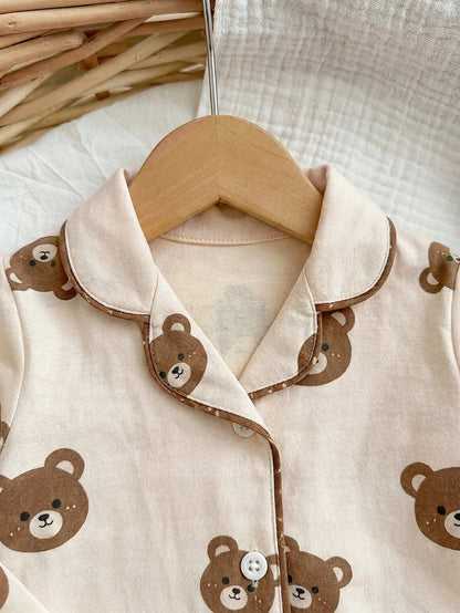 Adorably Cute Newborn Baby Boy Button Up Bear Print Long Sleeve Top And Pants Soft Sleepwear Comfortable Pajama Set Neutral