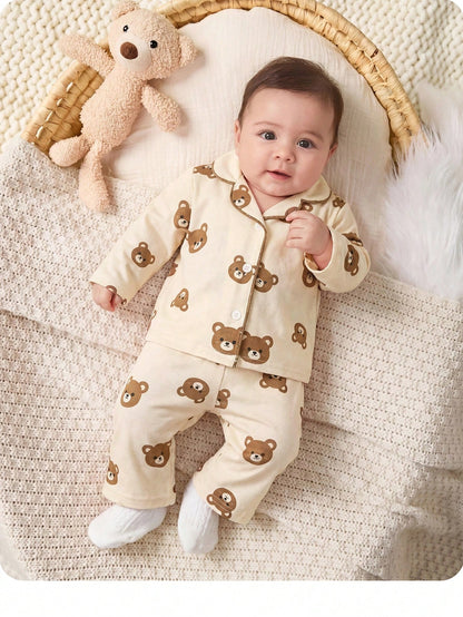 Adorably Cute Newborn Baby Boy Button Up Bear Print Long Sleeve Top And Pants Soft Sleepwear Comfortable Pajama Set Neutral